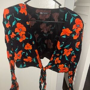Zara Black Top with Orange Floral Design